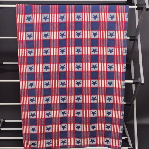 Red White and Blue with Stars Linen Table Runner Vintage July 4th Themed 92"x20"