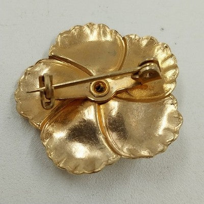 Gold Tone Pansy Flower Seashell Petals with Faceted Clear Rhinestone Brooch Pin