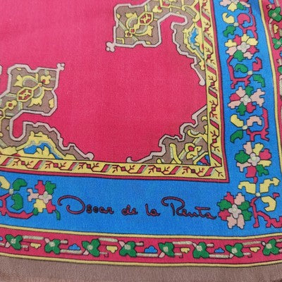 Oscar de la Renta Vintage Silk Red Scarf 10"x50" Blue Geometric Arabesque Signed