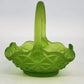 Westmoreland Green Satin Glass Basket Diamond Point Ruffled Candy Dish 6.5" Vtg