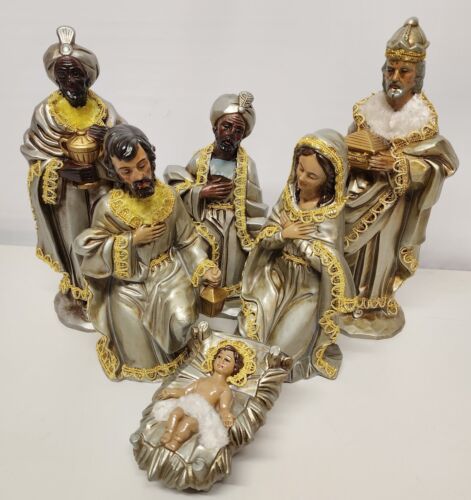 6 Pc Large Nativity Set Kurt S Adler Paper Mache Gold Silver Fur Trim Japan 13"h