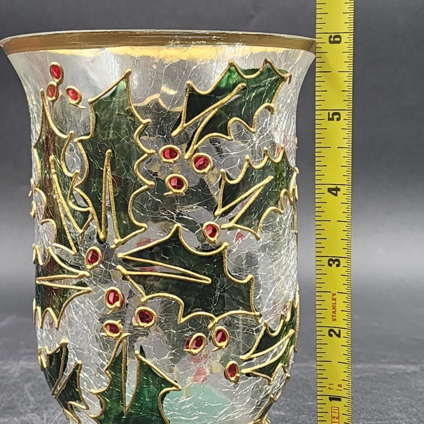 Celebrations Holly Tealight Candle Holder Clear 6" Hand Painted Hurricane Style
