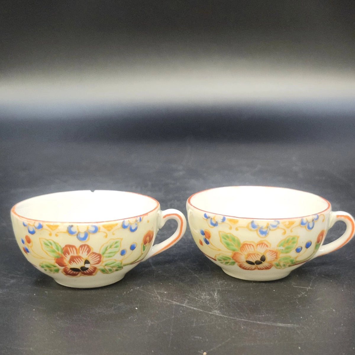 Porcelain Demitasse Cups & Saucers Set of 2 Hand Painted Floral Rim Chip Japan
