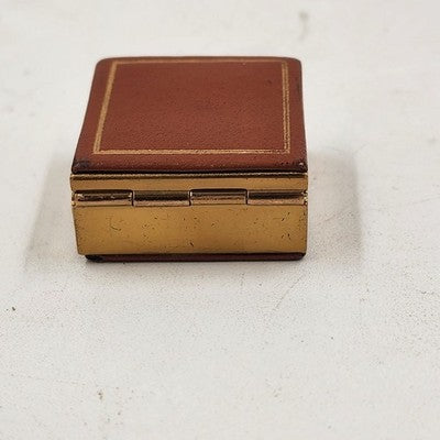 Tan Pill Box Trinket Jewelry Faux Leather Top & Bottom Gold Metal Finish