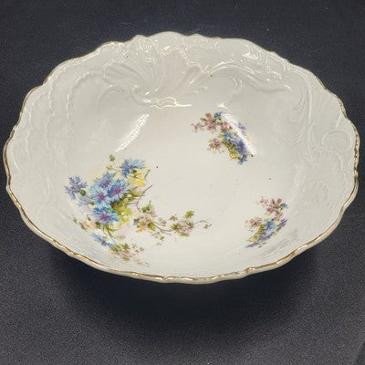 White Serving Vegetable Bowl w Blue Flower Floral Gold Scalloped Edge Embossed