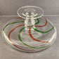 Hand Blown Clear Art Glass Pedestal Cake Plate Red Green Swirls 12.5" d x 5.5" h