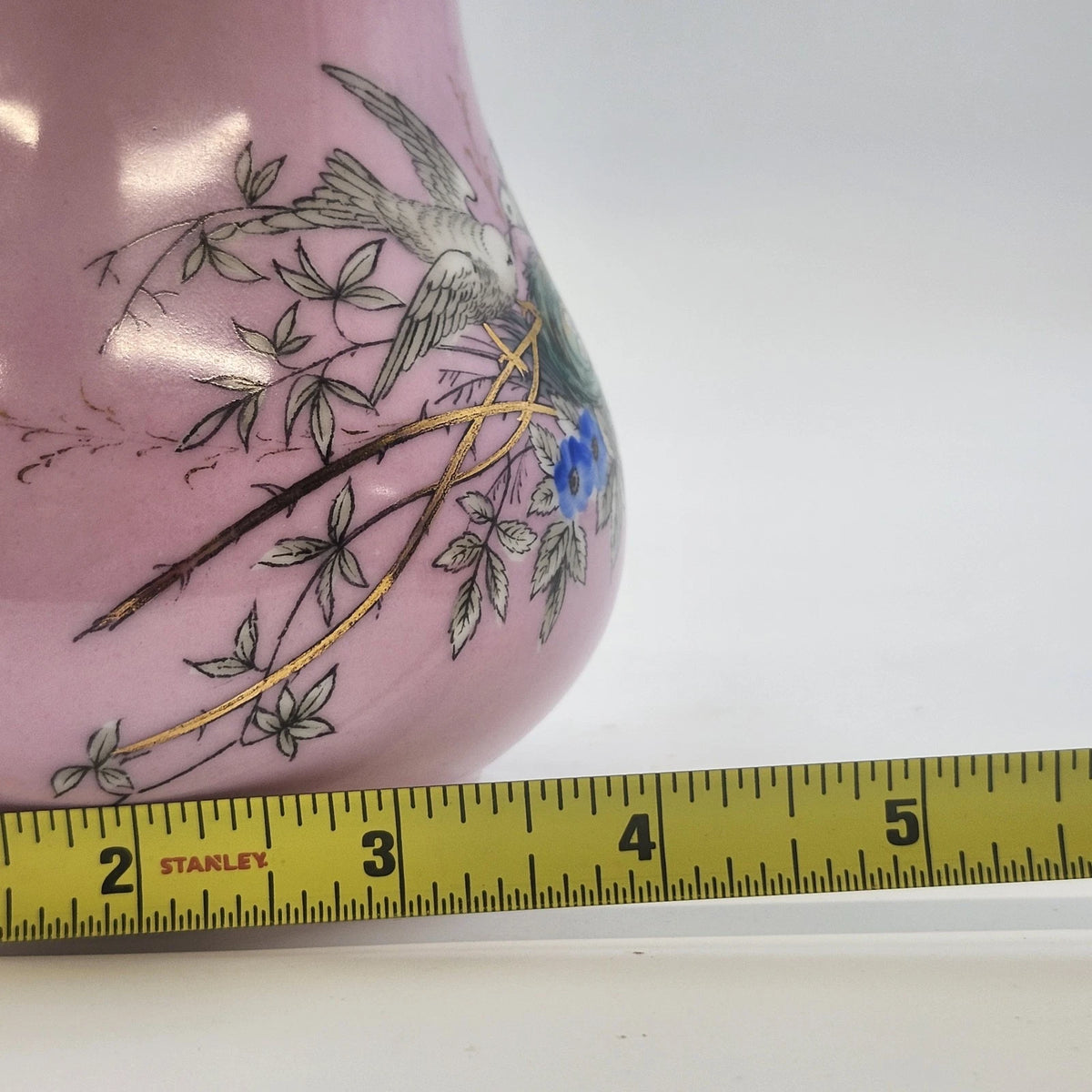 Pink Porcelain Creamer Pitcher Birds Nest Blue Flowers Gold Trim 6" Vintage