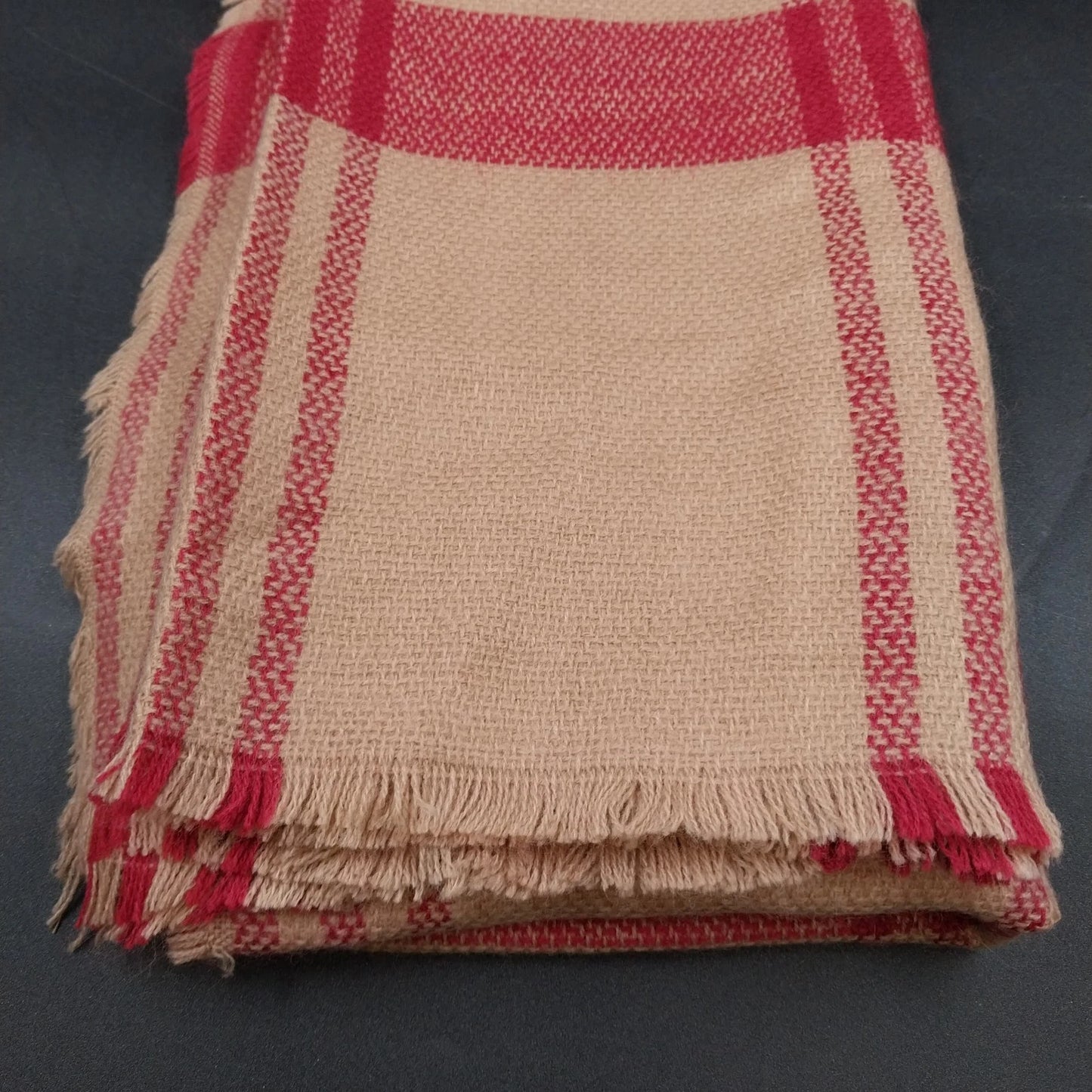 Beige Red Plaid Wool Rectangle Scarf 72"x32" Tartan Fringe Wrap Shawl Neckwarmer