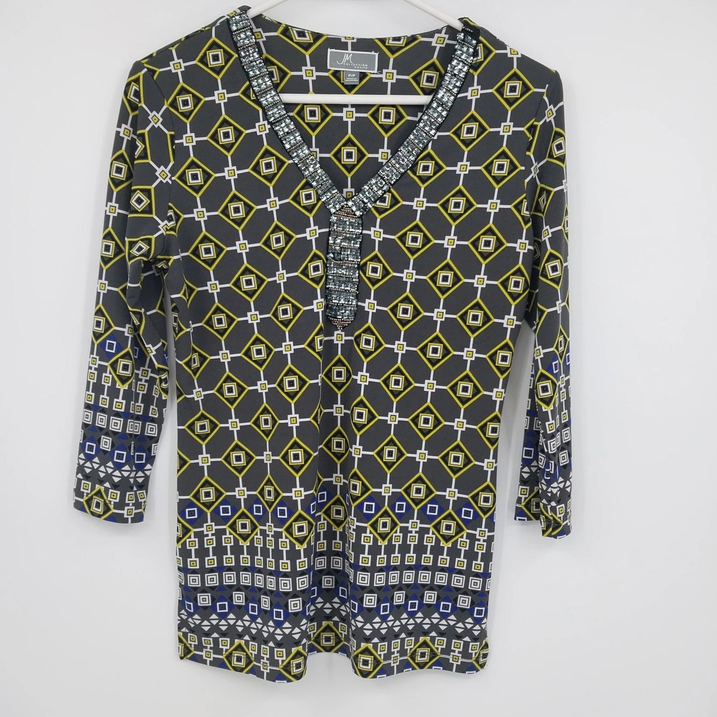 JM Collection Petite Geometric Print Beaded V-Neck 3/4 Sleeve Top P/P Polyester