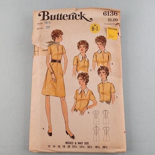 Butterick 6136 Vintage Sewing Pattern A-Line Dress Front Slit Neckline Women 16½