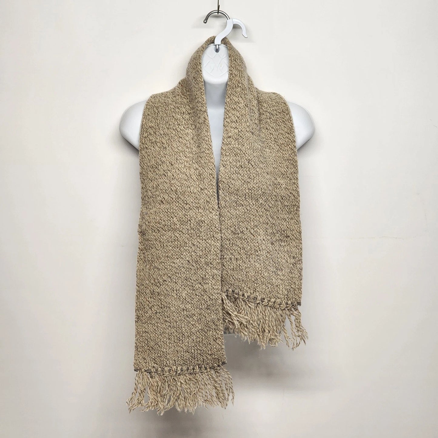 Hand Woven Beige Wool Scarf Knotted Fringe 48x7 Vintage