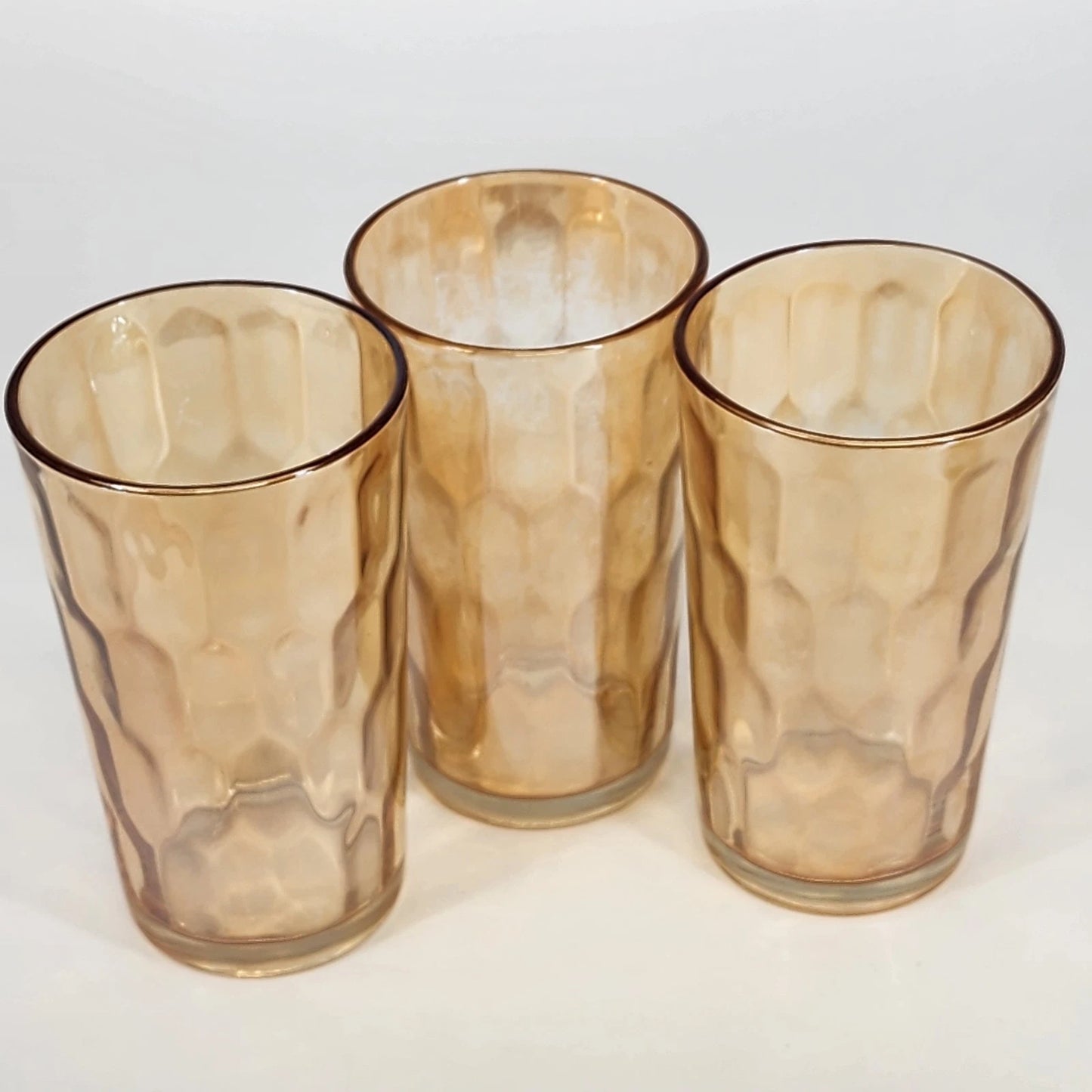 Jeannette Hex Optic Glasses Set of 3 Iridescent Marigold Carnival Glass 5" 8 oz