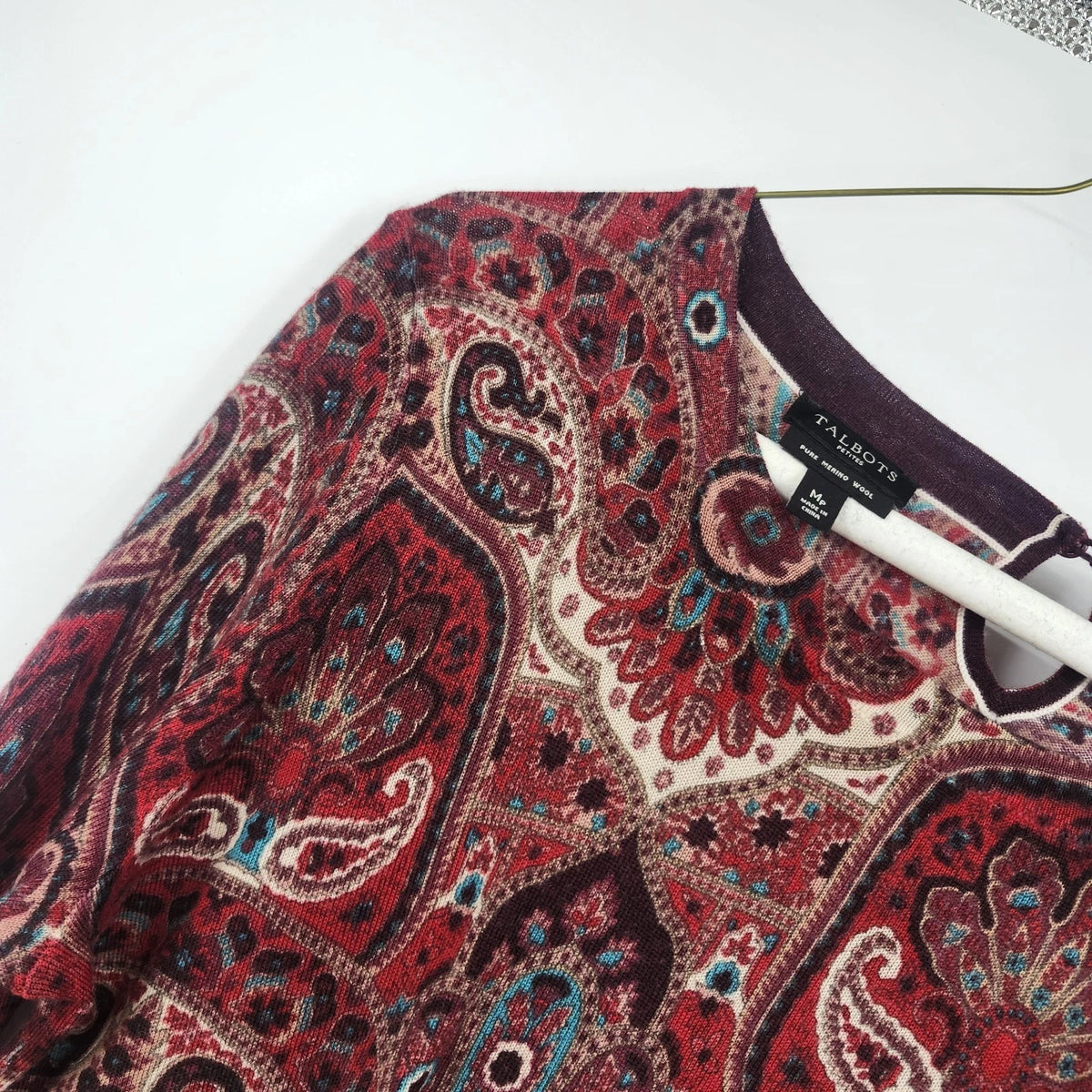 Talbots Petites Women's MP Opulent Paisley 100% Merino Wool Sweater Red Burgundy