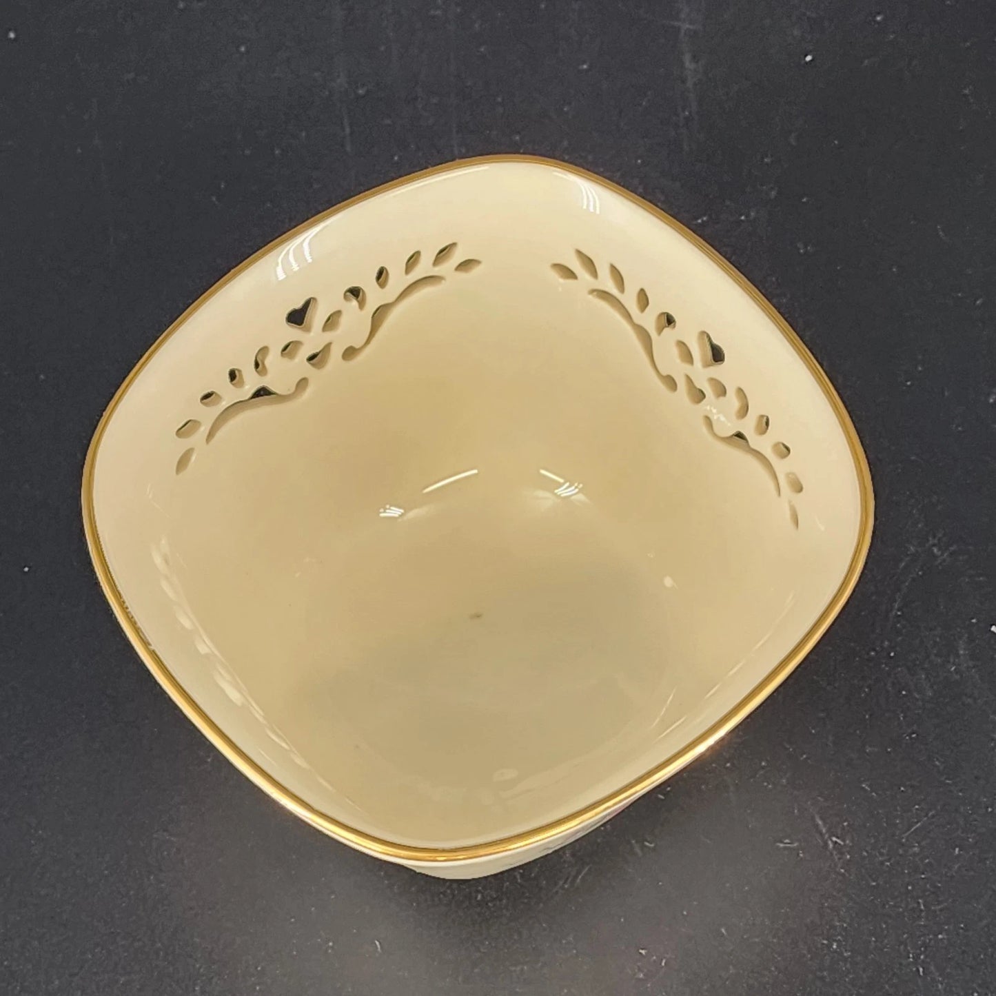 Lenox Petite Rose Trinket Bowl Cream Porcelain Lace Cut Out 24K Gold Trim 4.25"