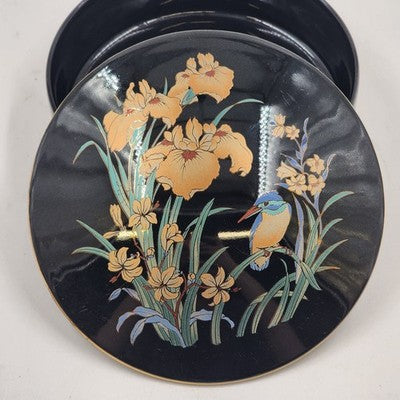 Japan Ceramic Trinket Pot Box 6" Black Gold Gilt Bird & Flowers Ring Box