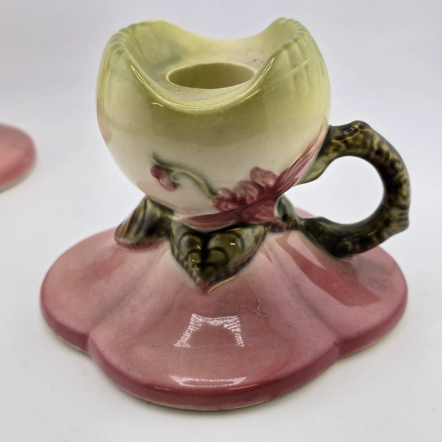 2pc Hull Pottery Woodland Candlesticks W30 Single Holder Pink Chartreuse Glossy