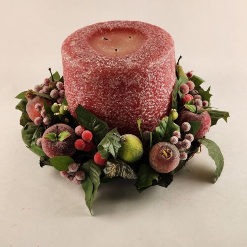 3 Wick Red Candle Centerpiece 6" Across with Fruit Leaves and Berry Wreath 6" H