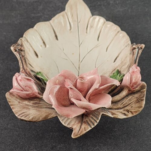 Capodimonte Large Rose Flower with Leaf Candy Dish Vintage Made in Italy 9" Long