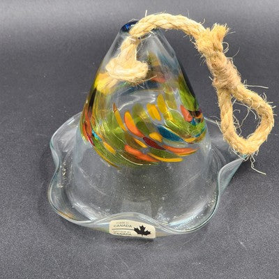 Bell Hummingbird Hand Blown Art Glass Multicolored Swirls Ruffled Edge Rope Hang