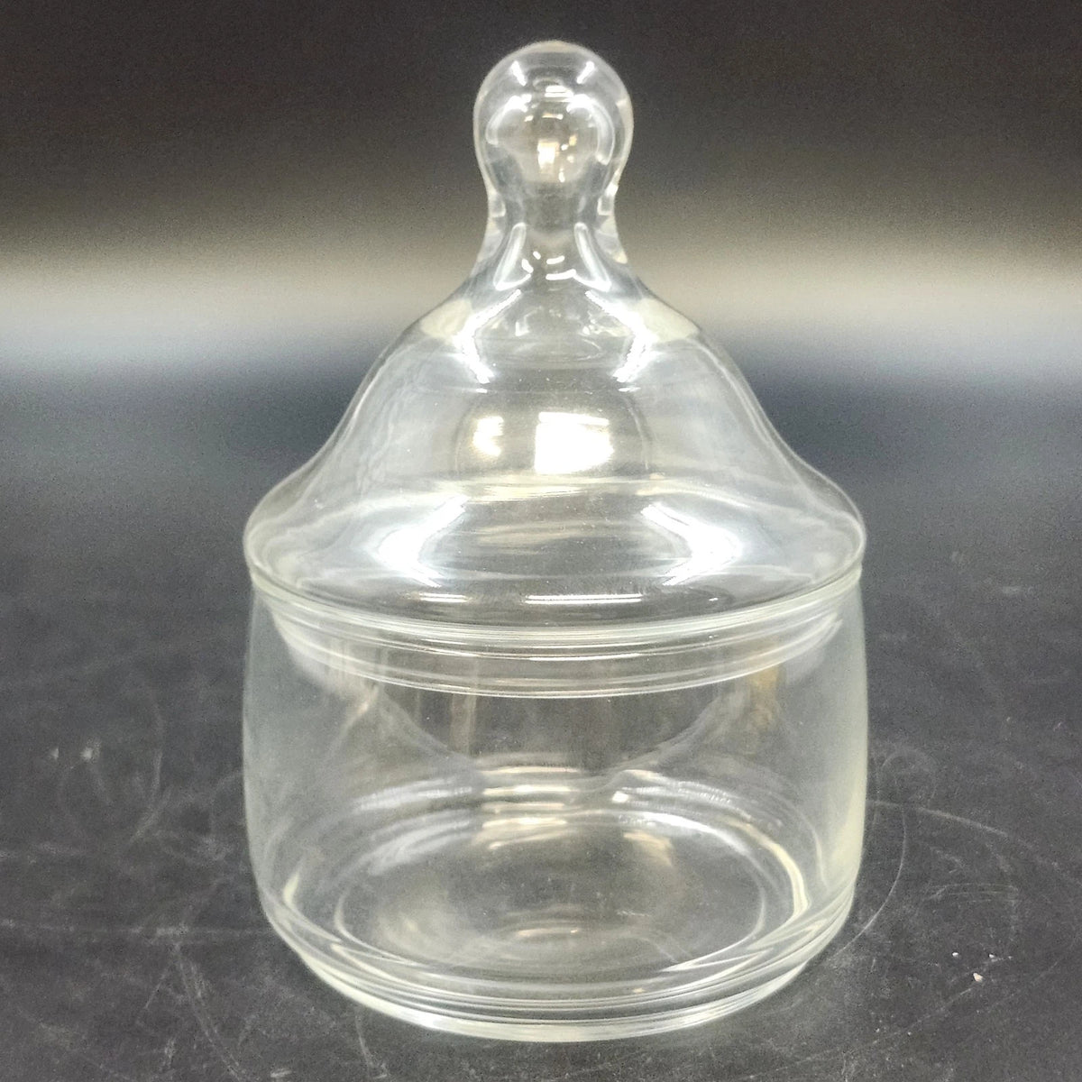 Clear Glass Apothecary Candy Jar Canister Pointed Finial Lid 5.5" Wide Base Vtg