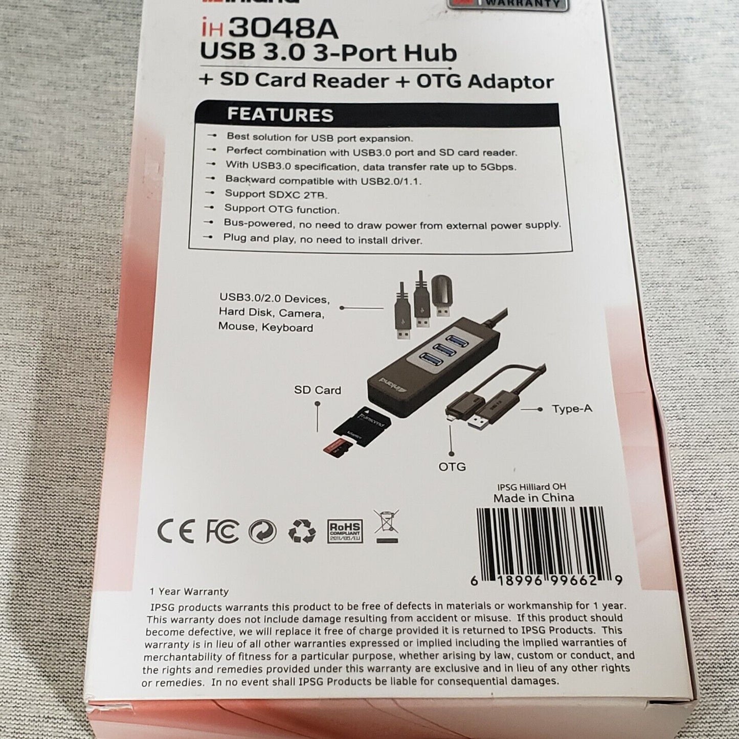 USB Hub 3.0 Inland iH 3048A 3-Port SD Card Reader OTG Adaptor Black