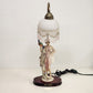 Lady Holding Peacock Table Lamp With Domed Glass Beaded Shade Art Deco Style 24"