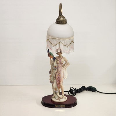 Lady Holding Peacock Table Lamp With Domed Glass Beaded Shade Art Deco Style 24"