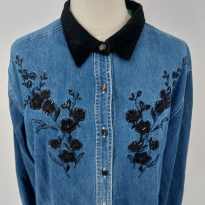 Cabin Creek Denim Shirt XL Floral Embroidered Long Sleeve 100% Cotton Women's