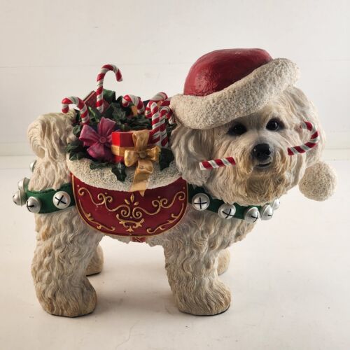 White and Red Danbury Mint Christmas Bichon Frise Large Santa Dog Figurine