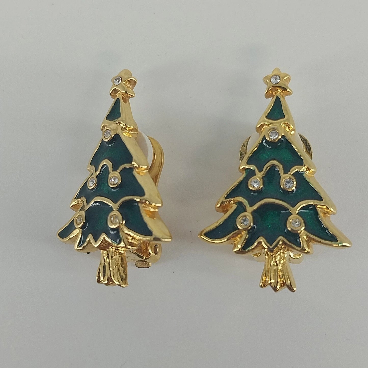 Christmas Tree Clip On Earrings Green Gold Tone Rhinestone Vintage Holiday 1990s