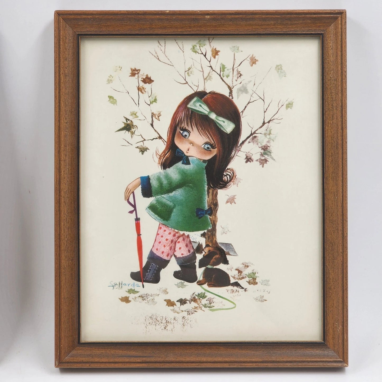 2 Fallarda Gallarda Big Eye Prints Pair 1960's Fall & Winter Framed Kitsch Art