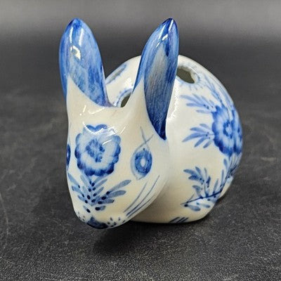 Blue & White Sweet Bunny Rabbit Flower Frog w 5 Holes 4.5" Porcelain Vintage