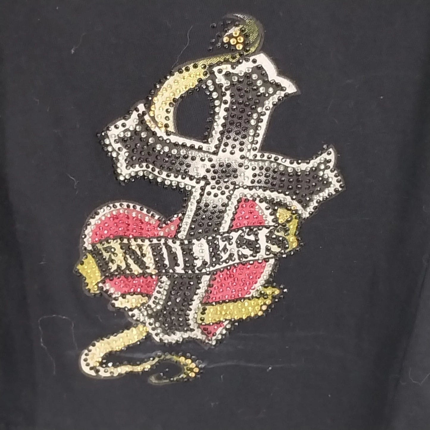 Escio-T Women's Black Rhinestone Endless Love Cross Heart Graphic Top Large