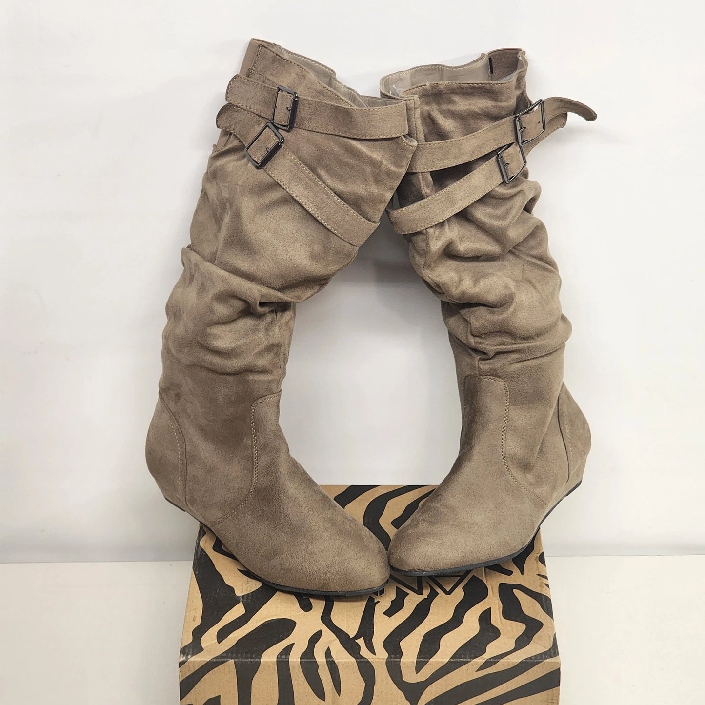 Anna Taupe Boots Slouch Faux Suede Knee High Women 8.5 Wedge Heel NWT Zip Buckle