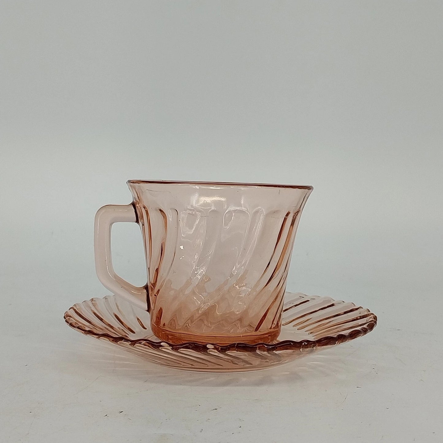 Fortecrisa Pink Swirl Ribbed Glass Cup & Saucer Set MCM Tableware Mexico Vtg