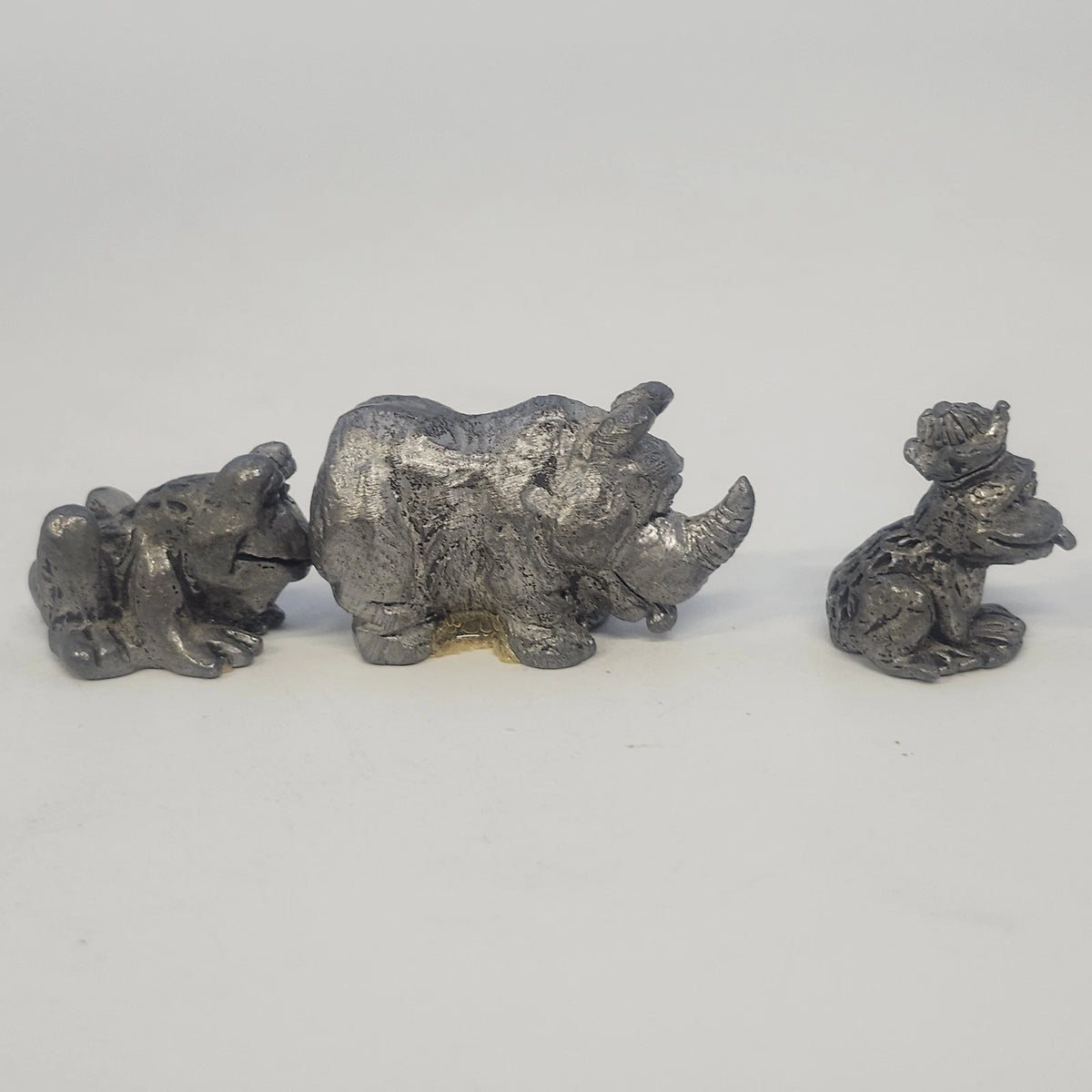 Pewter Animal Figurine Lot 3 Frog Prince Toad Rhinoceros Vintage Cartoon Style