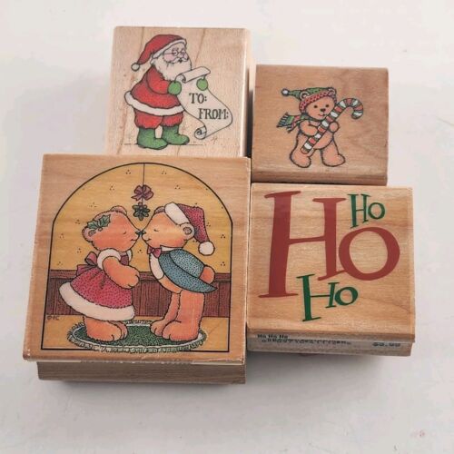 Lot of 4 Holiday and Christmas Themed Wooden Mounted Rubber Stamps Vintage