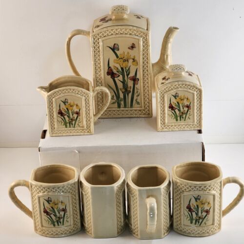 Enesco Butterfly Garden Trellis Ceramic Set Tea Pot 4 Mugs Sugar Creamer Vintage