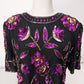 Steney Silk Top Black Pink Sequin Floral Leaf Short Sleeve Zipper Closure Large