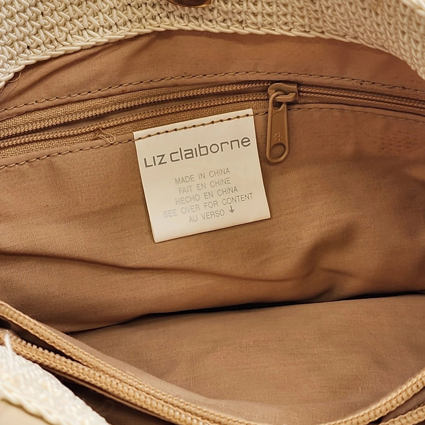 Liz Claiborne Crochet Shoulder Bag Zip Top Single Strap Boho 90s Y2K Cream Vtg