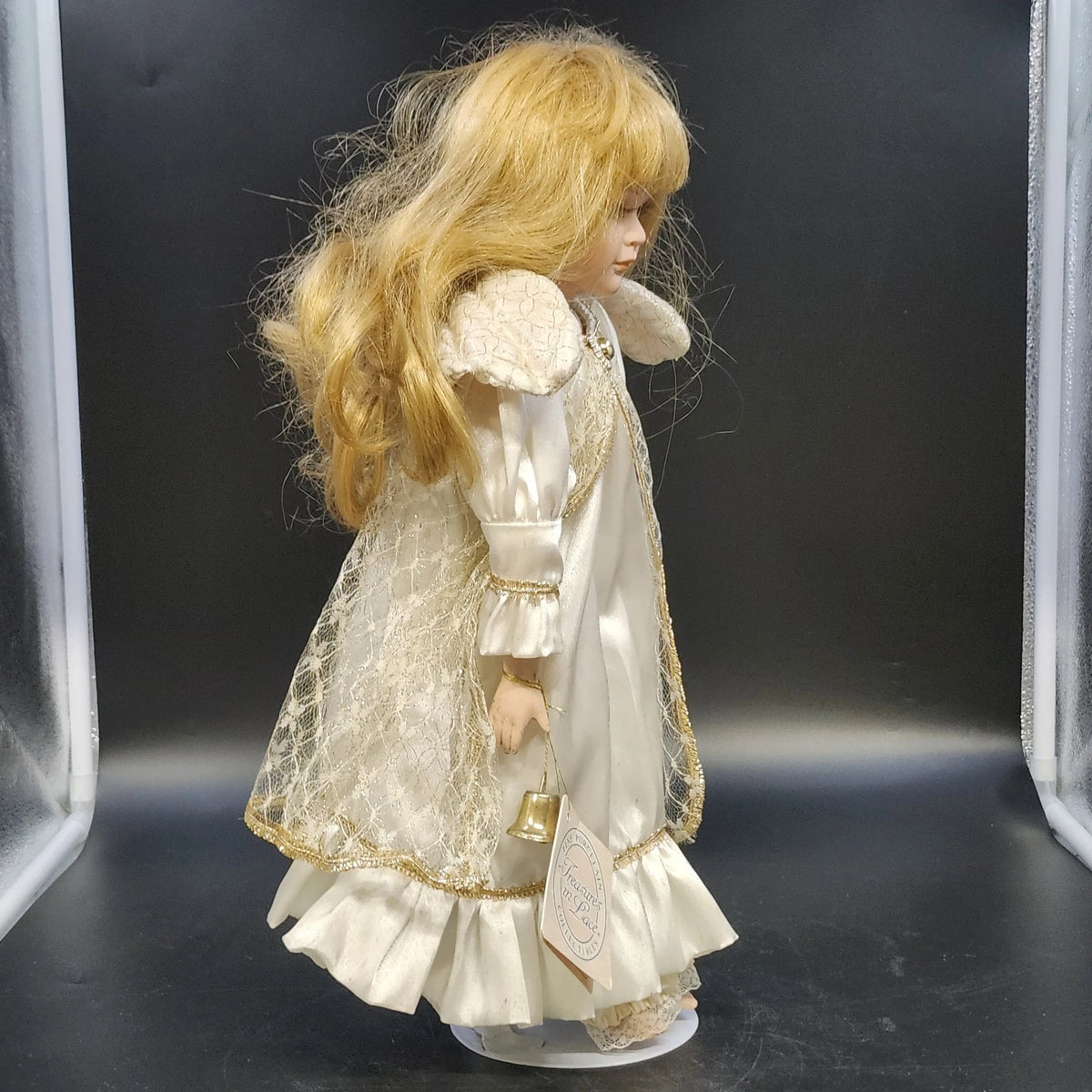 Treasures in Lace Porcelain Angel Doll Blonde White Gold Dress 17" Vintage