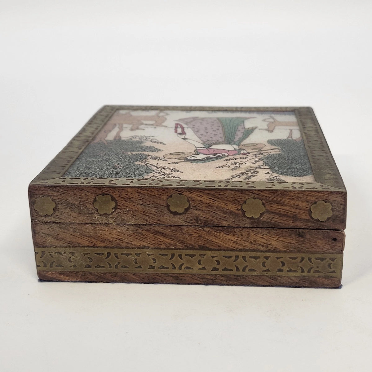 Wood Jewelry Trinket Box Painted Woman Deer Brass Inlay Purple Velvet 5.25"