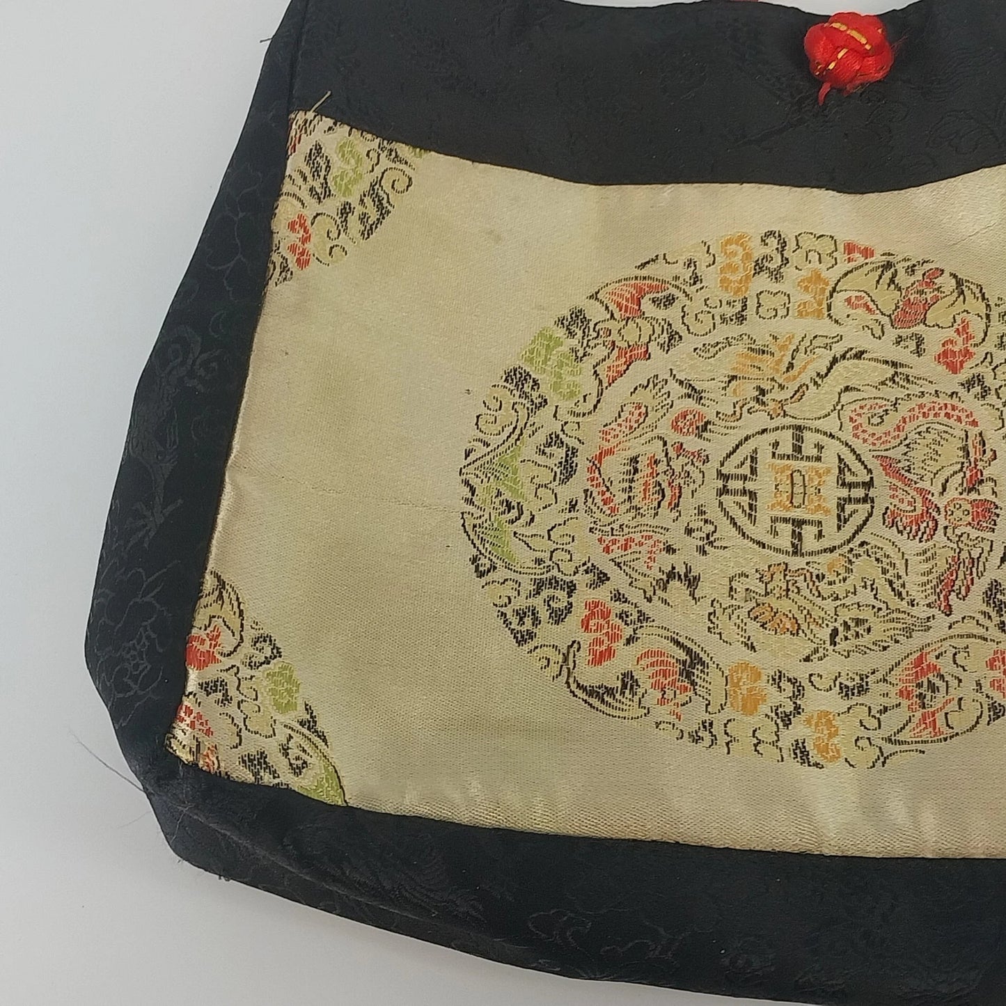 Asian Style Silk Brocade Tote Bag Black Gold Chinese Embroidered Shoulder Purse