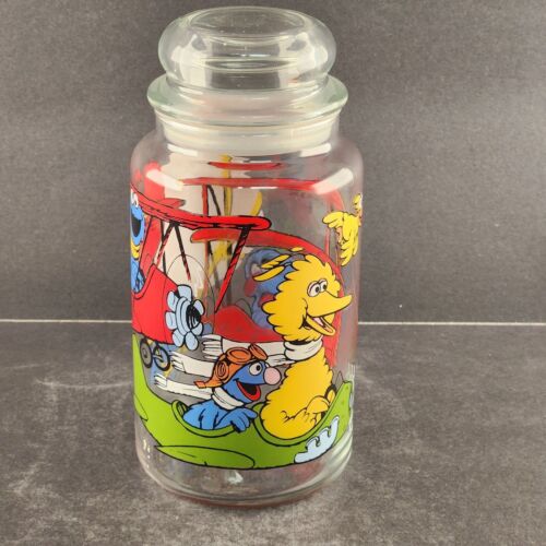 Sesame Street Cannister Characters Flying Airplanes Glass Container Lid Vintage