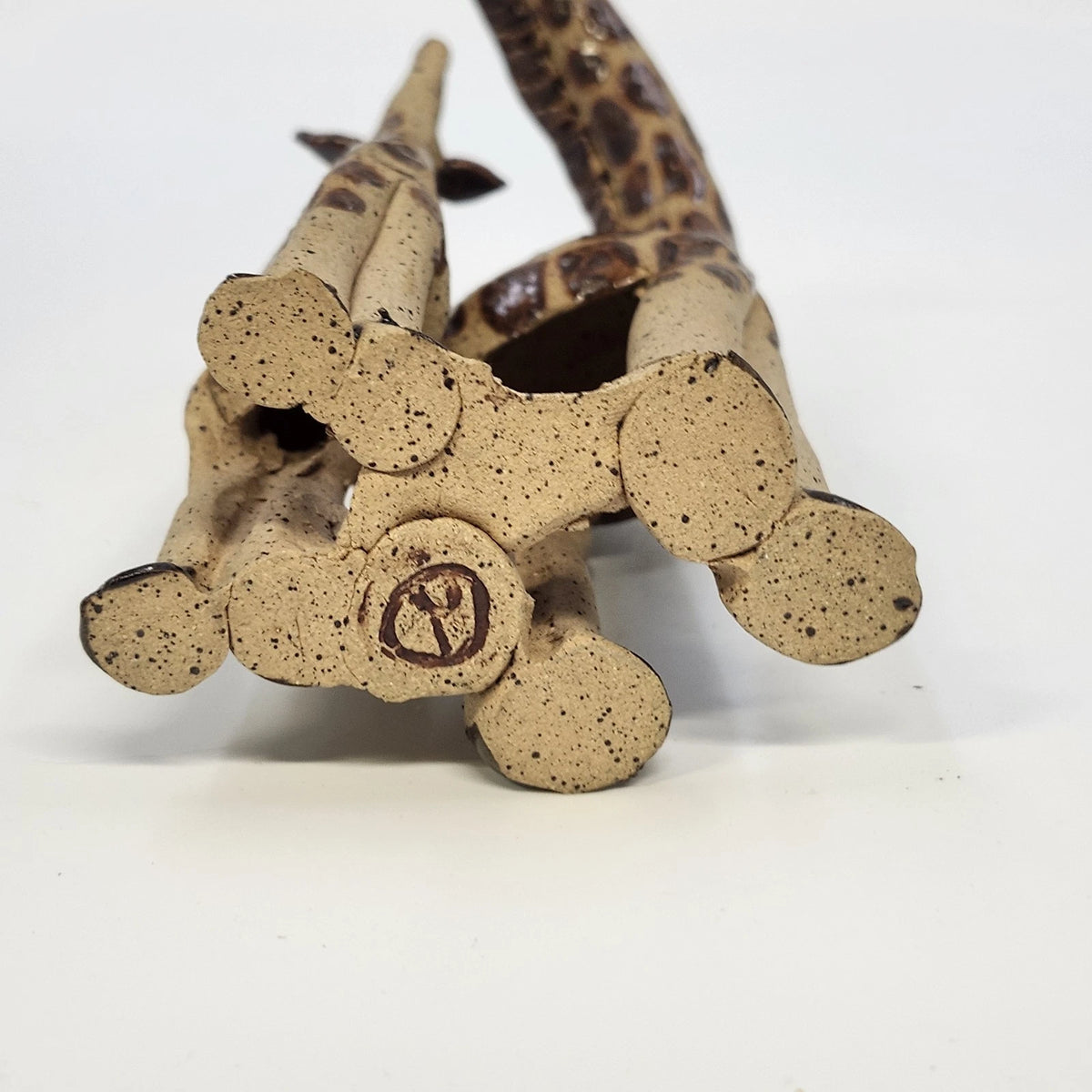 Studio Pottery Giraffe Family Figurine Brown Speckled 7" Artist Marked