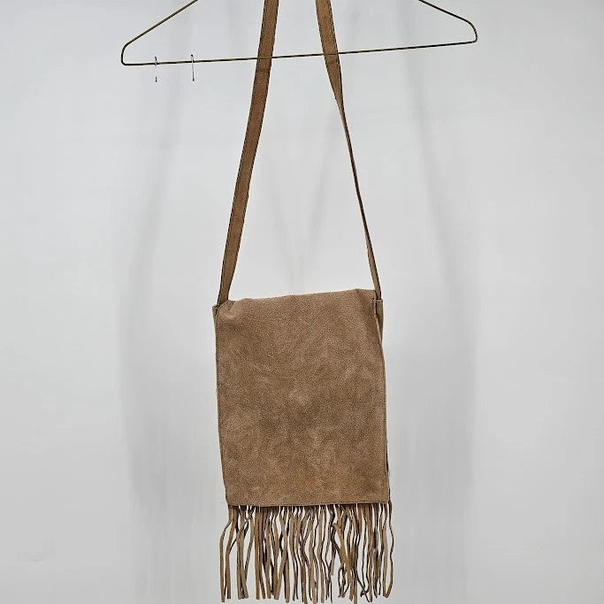 Suede Hippy Boho Chic Tassel Fringe Shoulder Bag Beige Open Rivets Purse Snap