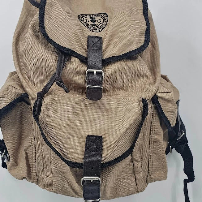 Sierra Club Canvas Rucksack Backpack Tan Cotton Daypack 3 Pocket Hiking Bag Vtg