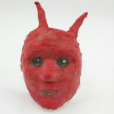 Papier Mache Scary Creepy Face Red Mask w Two Horn Wall Art Hand Painted