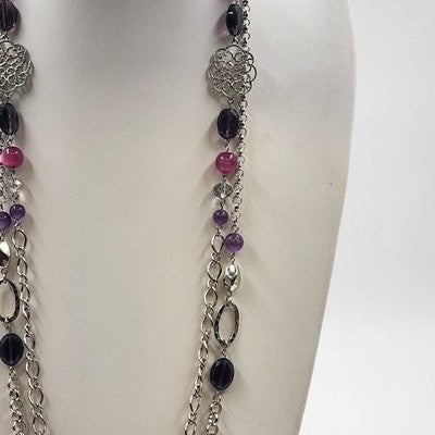 Silver Tone Chains w Multicolor Beads & Filigree Accents Double Strand Necklace