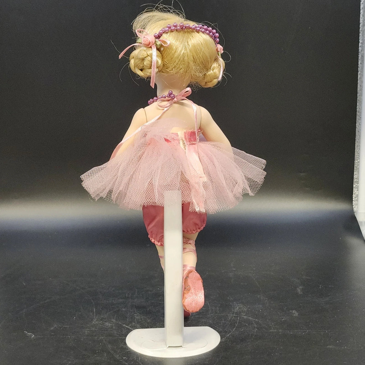 Porcelain Ballerina Doll Blonde Blue Eyes Pink Tutu Shoes Ballet Pose Stand 12"